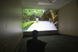 A picture of an individual sitting in a dark room looking at a photo being projected on the wall.