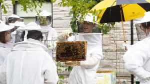 A student showing honey from a beehive to a group of students.