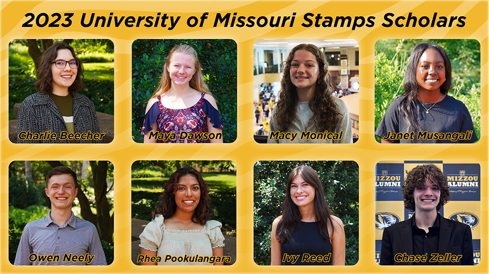 A 2023 University of Missouri Stamps Scholars graphic featuring eight students.