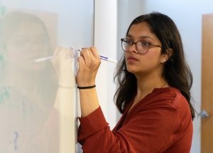 Pari Patel using a marker to write on a whiteboard.