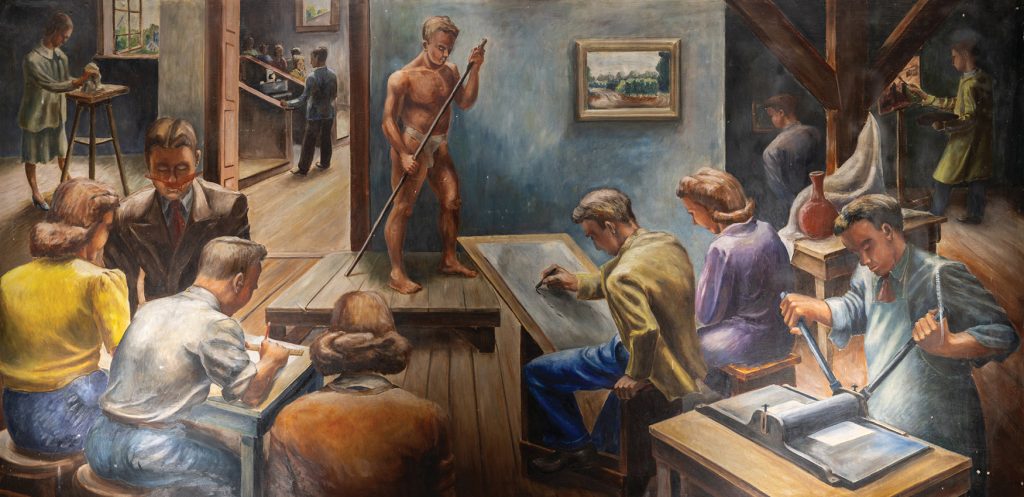 A mural featuring a variety of individuals doing various activities related to art.