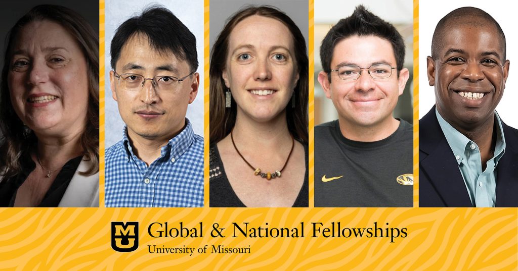 A group of five faculty headshots with the Office of Global and National Fellowships logo below them.