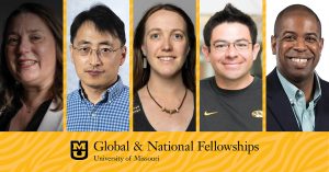 A group of five faculty headshots with the Office of Global and National Fellowships logo below them.