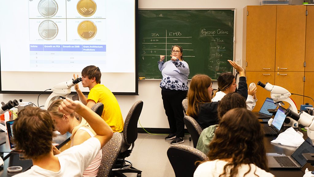 A professor pointing to a student while several students raise their hands during a class.